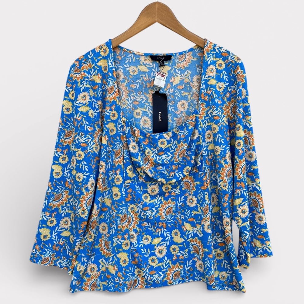 Eddie Bauer Blue Floral Scoop Neck Blouse